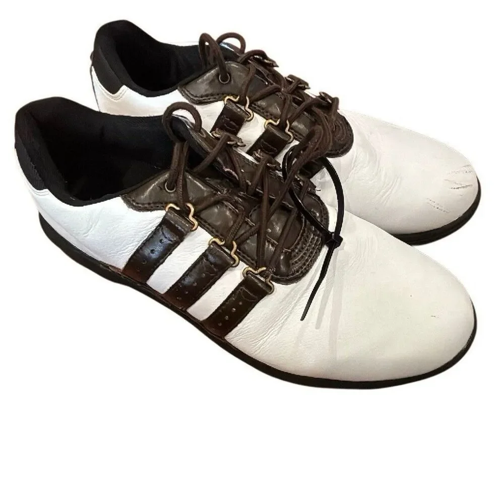 adidas Adipure Men's Golf Shoes Leather Spiked Lace Up White Brown Black size 9
